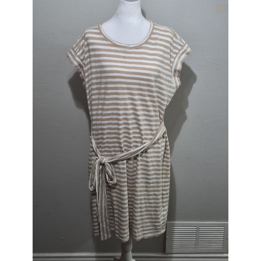 J. Crew Factory Women's White Khakhi Striped Tie-Waist Midi Dress Size XL Casual